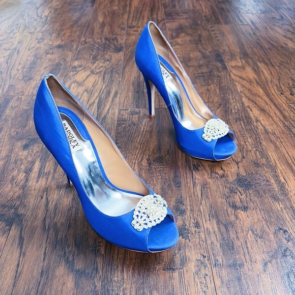 Badgley Mischka • Goodie Peep Toe Pumps satin jeweled Royal Blue Silk crystal - Picture 13 of 13